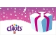 Part No: clikits255pb04  Name: Clikits Paper, Gift Tag with Hole with Light Blue Present with Magenta Ribbon, Snowflakes, and Logo Pattern