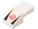 Part No: 11477pb225  Name: Slope, Curved 2 x 1 x 2/3 with Haas Formula 1 Logo Stylized Capital Letter H in Circle, Red Stripes, Black Triangles Pattern