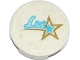 Part No: 14769pb085  Name: Tile, Round 2 x 2 with Bottom Stud Holder with 'Livi' and Gold and Medium Azure Star Pattern (Sticker) - Set 41105