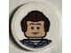 Part No: 14769pb488  Name: Tile, Round 2 x 2 with Bottom Stud Holder with Minifigure Portrait with Dark Brown Hair and Sand Blue Jacket Pattern (Sticker) - Set 21330