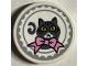Part No: 14769pb540  Name: Tile, Round 2 x 2 with Bottom Stud Holder with Dark Bluish Gray Cat with Gold Eyes and Bright Pink Bow Pattern (Sticker) - Set 76403