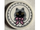 Part No: 14769pb541  Name: Tile, Round 2 x 2 with Bottom Stud Holder with Light Bluish Gray Cat with Gold Eyes and Bright Pink Bow Pattern (Sticker) - Set 76403