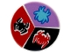 Part No: 14769pb593  Name: Tile, Round 2 x 2 with Bottom Stud Holder with Red, Black, and Medium Azure Spiders on Black, Red, and Medium Lavender Background Pattern