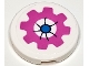 Part No: 14769pb644  Name: Tile, Round 2 x 2 with Bottom Stud Holder with Cushion with Dark Pink Gear, Dark Azure Button and Black Creases Pattern (Sticker) - Set 41402
