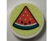 Part No: 14769pb821  Name: Tile, Round 2 x 2 with Bottom Stud Holder with Coral Watermelon Slice with Face on Yellowish Green Background Pattern (Sticker) - Set 41926