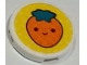 Part No: 14769pb853  Name: Tile, Round 2 x 2 with Bottom Stud Holder with Coral Strawberry with Face on Yellow Background Pattern (Sticker) - Set 41926
