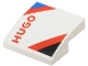 Lego part: Slope, Curved 2 x 2 x 2/3 with Black and Blue Triangles, Red 'HUGO' and Diagonal Stripes Pattern Model Left Side