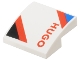 Lego part: Slope, Curved 2 x 2 x 2/3 with Black and Blue Triangles, Red 'HUGO' and Diagonal Stripes Pattern Model Right Side