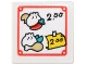 Part No: 15210pb146  Name: Road Sign 2 x 2 Square with Open O Clip with Menu with Baozi Dumplings, Chili Pepper, Chicken Leg, '2.00' and Red Border Pattern (Sticker) - Set 80036