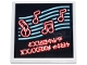 Part No: 1751pb007  Name: Tile 4 x 4 with Red and White Music Notes and Microphone on Medium Azure Lines and Ninjago Logogram 'LAUGHY'S KARAOKE CLUB' Pattern (Sticker) - Set 71799