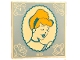 Part No: 1751pb036  Name: Tile 4 x 4 with Bright Light Orange and Dark Azure Cinderella Portrait in Oval Frame with White Filigree, '1950', Clock Face, Glass Slipper, Gus and Pumpkin on Bright Light Blue Background Pattern