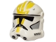 Part No: 2019pb12  Name: Minifigure, Headgear Helmet SW Clone Trooper (Phase 2) with Holes with Black Visor, Yellow Markings and Light Bluish Gray Cheek Indents Pattern