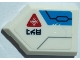 Part No: 22385pb249L  Name: Tile, Modified 2 x 3 Pentagonal with Dark Azure Panel, Red Triangle with Snowflake, Black and Light Bluish Gray Lines and Ninjago Logogram 'ICE' Pattern Model Left Side (Sticker) - Set 70673