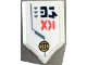 Part No: 22385pb397L  Name: Tile, Modified 2 x 3 Pentagonal with Gold Armor, Light Bluish Gray Line and Triangles, Coral and Dark Blue Ninjago Logogram 'SORA' Pattern Model Left Side (Sticker) - Set 71792