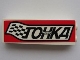 Part No: 2454pb040  Name: Brick 1 x 2 x 5 with Black Cyrillic Characters 'TЕМНO TOНКД' (TEMNO TONKD) and Checkered Flag on Red Background Pattern (Sticker) - Set 8161