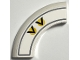 Lego part: Brick, Round Corner 5 x 5 x 1 without Studs with 2 Black Chevrons / V-Shapes on Yellow Circles and Dark Bluish Gray Border Pattern Model Left Side (Sticker) - Set 75327