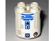 Part No: 30361cpb004  Name: Brick, Round 2 x 2 x 2 Robot Body with Bottom Axle Holder (x Shape / + Orientation) with Light Bluish Gray Rectangle Outlines and Blue Pattern (SW R2-D2 Clone Wars)