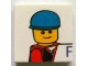 Part No: 3068pb0606  Name: Tile 2 x 2 with Minifigure Head with Blue Cap and 'F' Pattern
