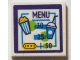 Part No: 3068pb2046  Name: Tile 2 x 2 with Dark Purple 'MENU', Popcorn, Drink, Number 30, 25 and 50 Pattern (Sticker) - Set 41408
