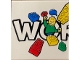 Part No: 3068pb2201  Name: Tile 2 x 2 with LEGO World Logo Left Half, 'WO', Minifigure with Blue Cap, 5 Whole Bricks and Plain Corner Pattern