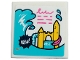 Part No: 3068pb2418  Name: Tile 2 x 2 with 'NEW!' in Black Starburst, Yellow Castle, Dark Turquoise Waves, Dark Pink Writing, Lines and Slide Pattern (Sticker) - Set 41428