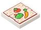 Lego part: Tile 2 x 2 with Light Nougat Wood Grain Boards with Reddish Brown Nails and Red, Orange, and Bright Green Tomato, Paprika / Pepper, and Carrot Pattern