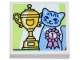 Part No: 3068pb2648  Name: Tile 2 x 2 with Photograph of Bright Light Blue Cat with Bright Pink Award Ribbon Number 1, Yellow Trophy Cup on White and Yellowish Green Background Pattern (Sticker) - Set 42670