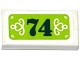 Part No: 3069pb0445  Name: Tile 1 x 2 with Dark Blue '74' and White Hearts, Swirls and Screws on Lime Background Pattern (Sticker) - Set 41108