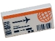 Lego part: Tile 1 x 2 with Airline Ticket with Coral Wire Frame Globe and Stripe, Black Barcodes, Lines, Arrow and Airplane Pattern