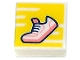 Part No: 3070pb241  Name: Tile 1 x 1 with Shoe with Coral Sole and Tongue on Yellow Background with Stripes Pattern