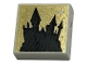 Lot ID: 390326447  Part No: 3070pb297  Name: Tile 1 x 1 with Black Castle Silhouette and Dots and Sparkle on Gold Background Pattern (HP Hogwarts)