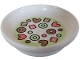 Part No: 31333pb15  Name: Duplo Utensil Dish 3 x 3 with Coral, Medium Brown, and Yellowish Green Hearts, Circles, and Striped Squares Pattern