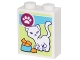 Part No: 3245cpb051  Name: Brick 1 x 2 x 2 with Inside Stud Holder with Box of Cat Treats with White Cat, White Paw Print and Bowl of Goldfish Pattern (Sticker) - Set 41305
