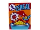 Part No: 3245cpb237  Name: Brick 1 x 2 x 2 with Inside Stud Holder with Medium Azure 'CEREAL', Spoon, and Bowl, Strawberry on Orange and Red Swirl Background Pattern