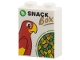 Part No: 3245cpb288  Name: Brick 1 x 2 x 2 with Inside Stud Holder with Green Leaf, Red Parrot, Seeds, Black 'SNACK', Dark Tan 'BOX' Pattern
