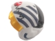 Part No: 33648c01pb03  Name: Minifigure, Headgear Helmet SW Rebel Pilot Raised Front with Trans-Yellow Visor with Blue Diagonal Stripes and Dark Bluish Gray Alien Letters Pattern