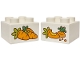 Part No: 3437pb145  Name: Duplo, Brick 2 x 2 with 3 Orange Carrots with Lime and Bright Green Tops / Partially Eaten Carrots Pattern