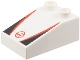Part No: 35114pb009  Name: Duplo, Brick 3 x 2 Slope 33 with Haas Formula 1 Logo Stylized Capital Letter H in Circle, Red Stripes, Black Triangles Pattern