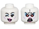 Part No: 3626pb3498  Name: Minifigure, Head Dual Sided Female Medium Lavender Cheek Lines, Magenta Lips, Medium Blue Eye Shadow, Winking / Red Eyes Angry Pattern