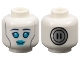 Part No: 3626pb3584  Name: Minifigure, Head Alien Female Dark Blue Eyebrows, Medium Azure Eyes and Lips, Sand Blue Cheek Lines, Silver Circle Power Socket on Back Pattern