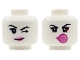 Part No: 3626pb3971  Name: Minifigure, Head Dual Sided Female Thin Black Eyebrows and Eyelashes, Dark Pink Lips, Light Bluish Gray and Red Eye Shadow, Left Eye Winking / Blowing Bubblegum Bubble with Magenta Outline Pattern