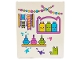 Part No: 42509pb07  Name: Glass for Window 1 x 6 x 6 Flat Front with Dark Pink, Lime, Medium Azure and Yellow Garlands, Cat, Ribbons, Paint Splotches and Shelves with Bottles Pattern