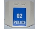 Part No: 45677pb057  Name: Wedge 4 x 4 x 2/3 Triple Curved with White '02 POLICE' Small Numbers on Blue Background Pattern (Sticker) - Set 7498