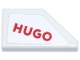 Part No: 5091pb011  Name: Tile, Modified 1 x 2 Wedge Left with Red 'HUGO' Logo Pattern (Sticker) - Set 77246
