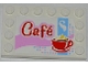 Part No: 6180pb060  Name: Tile, Modified 4 x 6 with Studs on Edges with 'Café' (Cafe) and Red Cup and Saucer Pattern (Sticker) - Set 3061