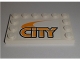 Part No: 6180pb086  Name: Tile, Modified 4 x 6 with Studs on Edges with Bright Light Orange 'CITY' Pattern (Sticker) - Set 60097
