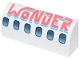 Lego part: Slope, Curved 1 x 4 x 1 1/3 with Dark Silver and Metallic Light Blue Airplane Windows, Coral and Medium Azure 'WONDER' Pattern