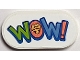 Part No: 66857pb063  Name: Tile, Round 2 x 4 Oval with Lime, Dark Azure, Coral and Blue 'WOW!' and Bright Light Orange Gecko Head (Popcorn) Pattern (Sticker) - Set 41739