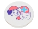 Part No: 67095pb016  Name: Tile, Round 3 x 3 with Coral Heart with Medium Azure Cross, Smiling Dog and Cat Pattern