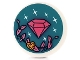 Part No: 67095pb049  Name: Tile, Round 3 x 3 with Dark Pink Diamond, Vine, Sparkles and Heart Shaped Gem on Dark Turquoise Background Pattern (Sticker) - Set 41450